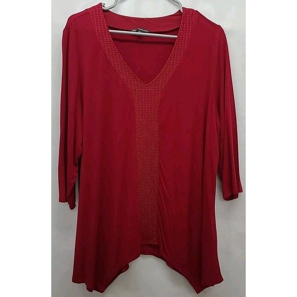 Adrianna Papell Tops - Adrianna Papell Womens Blouse Red V-Neck 3/4 Sleeve Fairy Size 2X